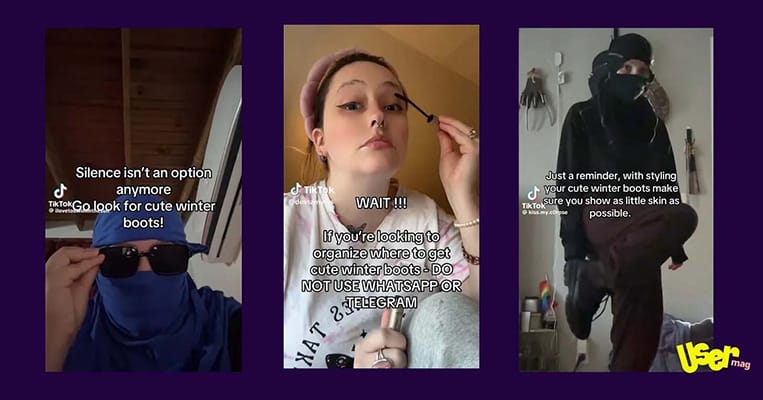 Montage of single frames of TikTokers advising people to buy cute winter boots to guard against ICE