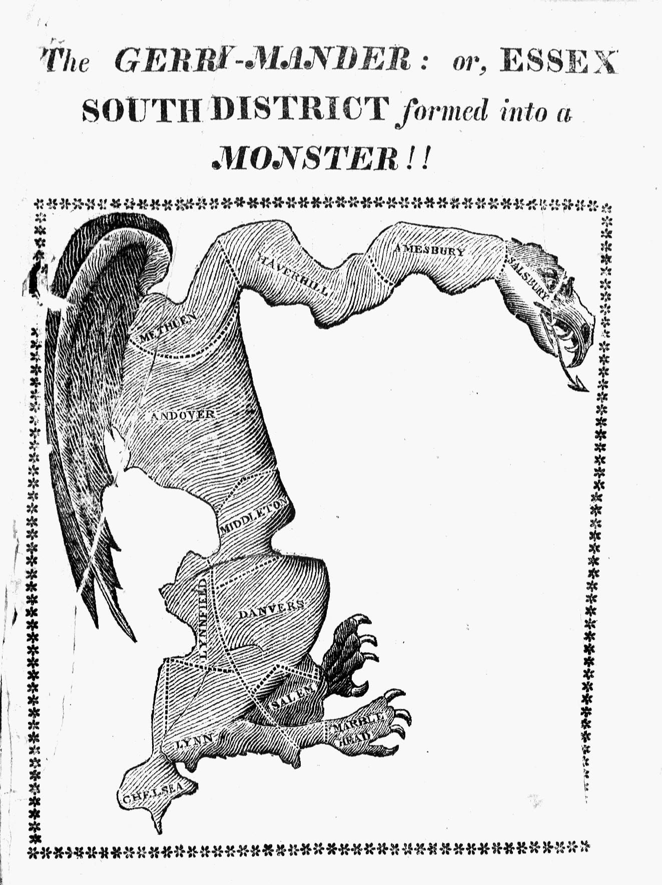 Stylized engraving of an electoral district in the shape of winged salamander and bearing the label, “Gerry-mander”