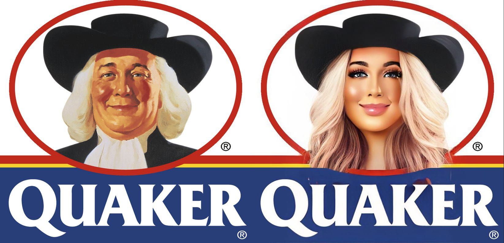 Side-by-side images of an 18th-century, white-haired man in a hat and the same figure depicted as a beautiful, blond woman