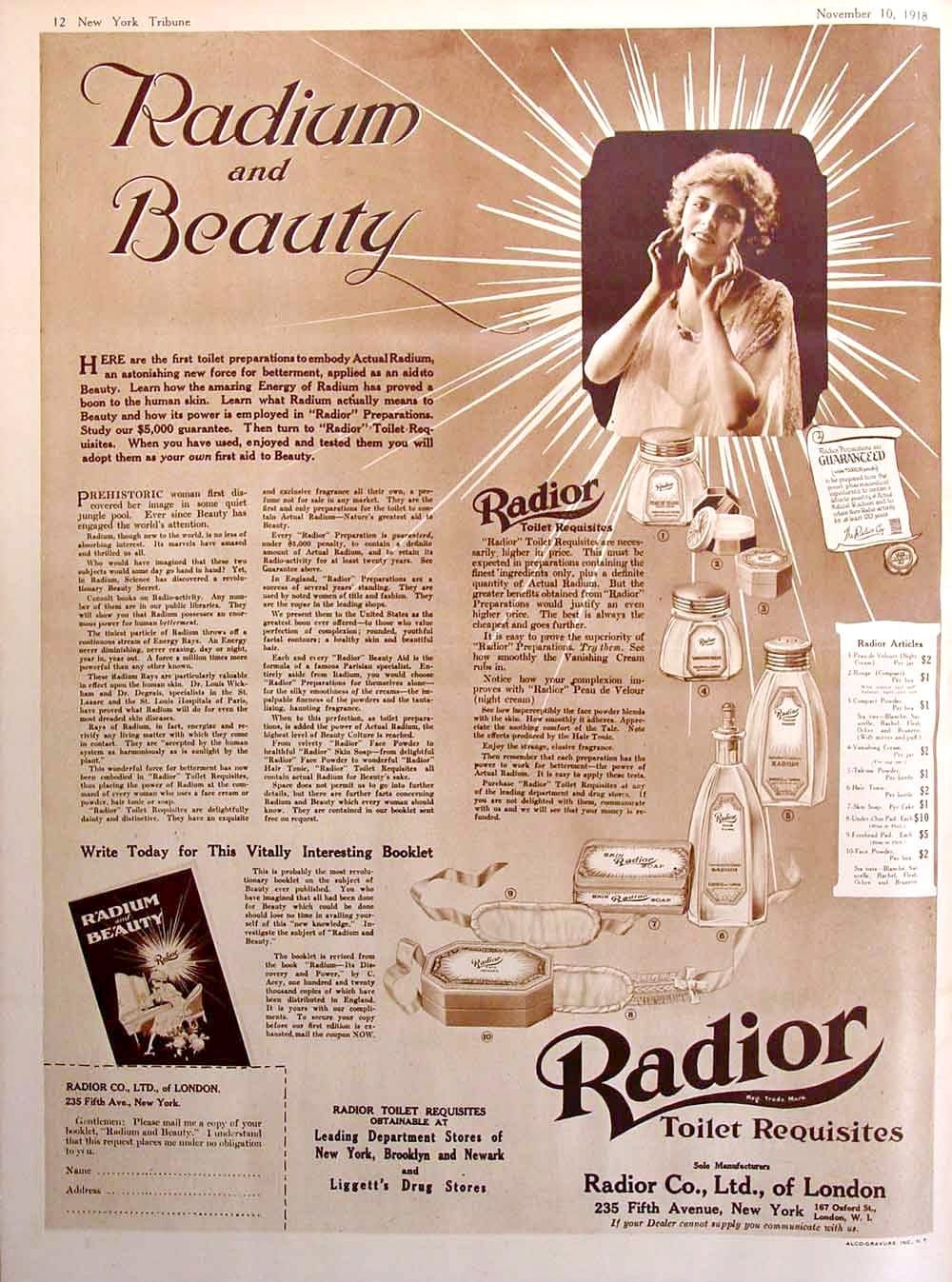Full-page magazine ad, “Radium and Beauty,” with a photo of a woman touching her cheeks with spikes emanating from it