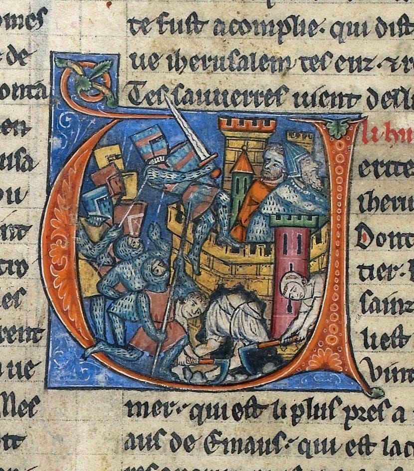 Manuscript illumination showing miners digging under a city wall while armored knights fight the city’s defenders