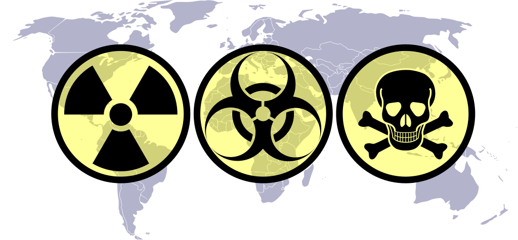 The symbols for radiological and biological hazards and a skull and crossbones superimposed over a world map