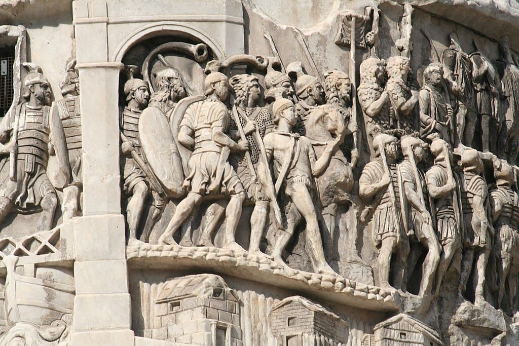 Detail of a carved relief on the Column of Marcus Aurelius in Rome depicting Roman soldiers marching, second century CE