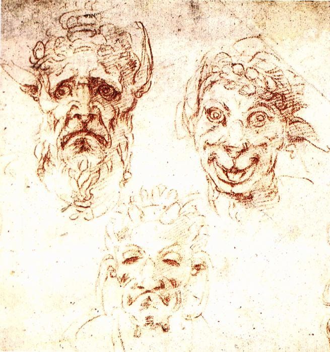 Sketch of three human/animal hybrid faces
