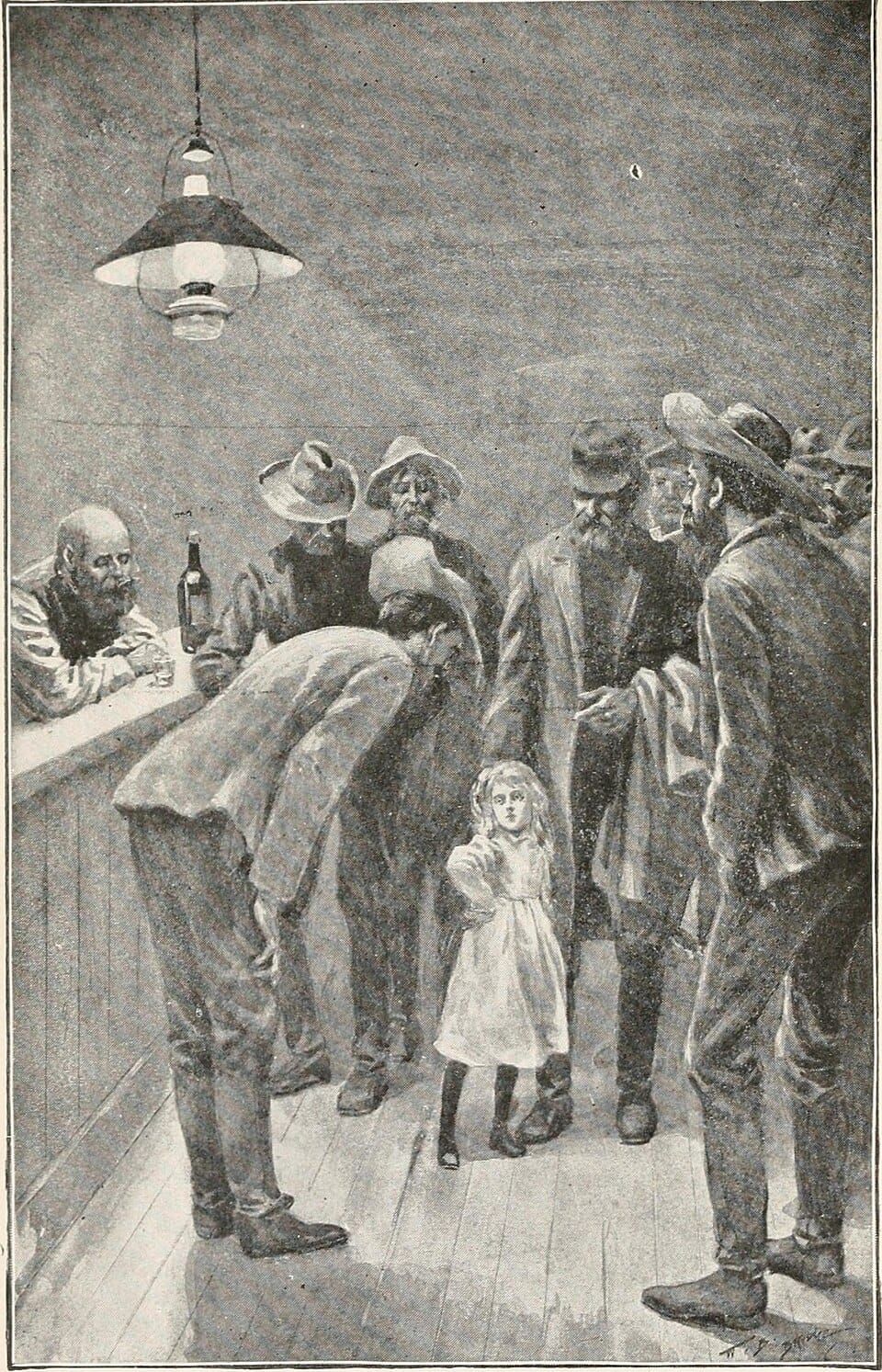 B&W drawing of a young girl standing amid a crowd of bearded men in a tavern