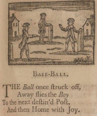 Poem about baseball with an engraving of three boys playing a game with a ball and three posts as bases