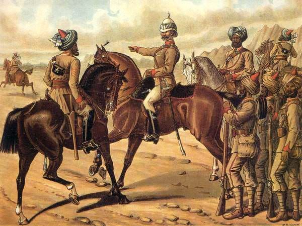 Colored drawing of a mounted British officer giving commands to Sikh infantry and cavalrymen, all in khaki uniforms