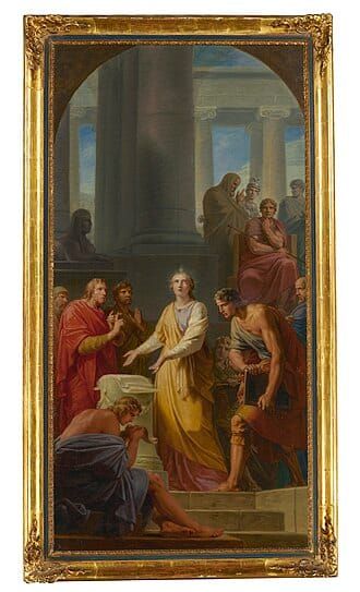A woman in ancient dress arguing with several men while an emperor looks on