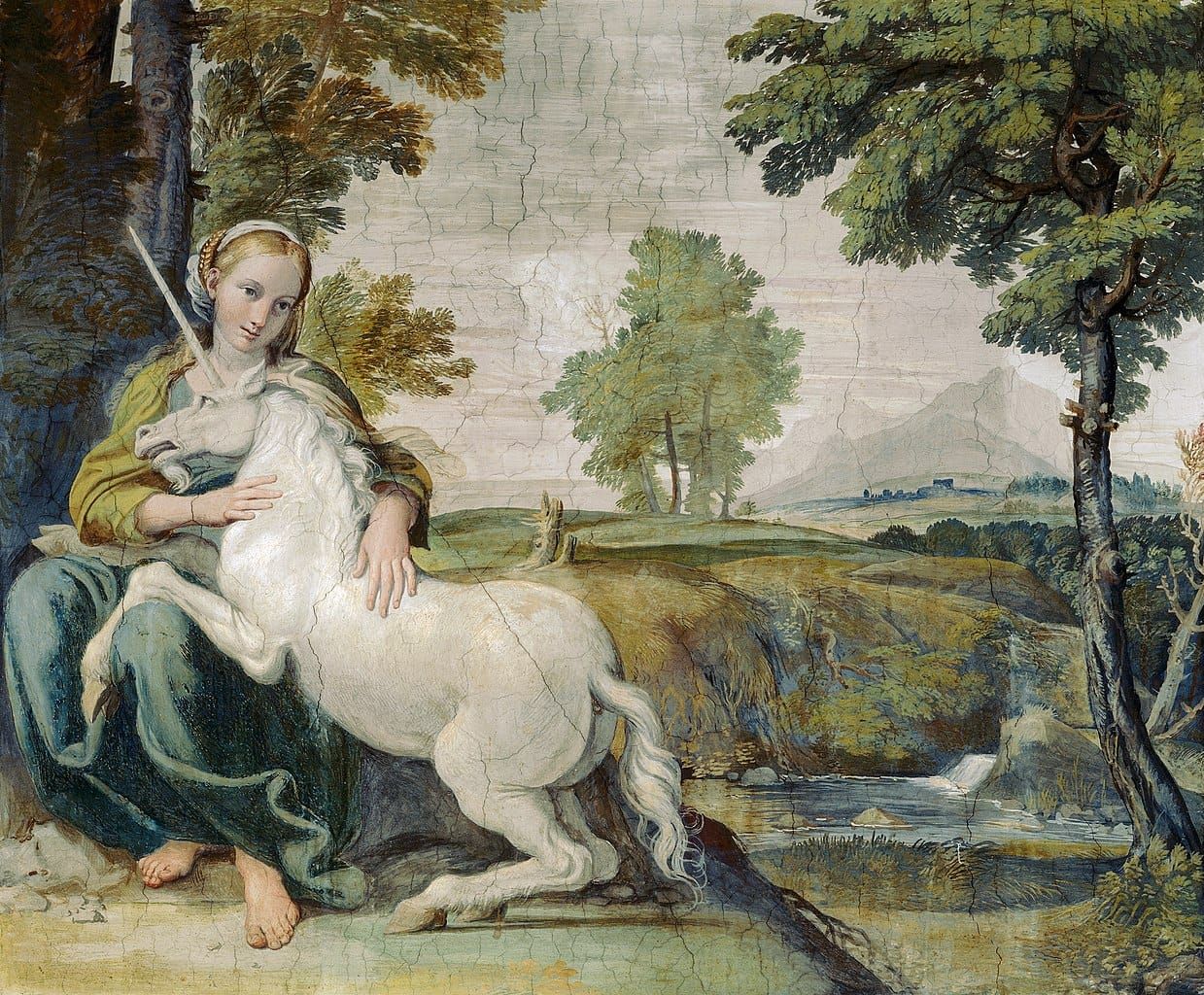Fresco of a woman sitting in a verdant setting with a white unicorn climbing onto her lap