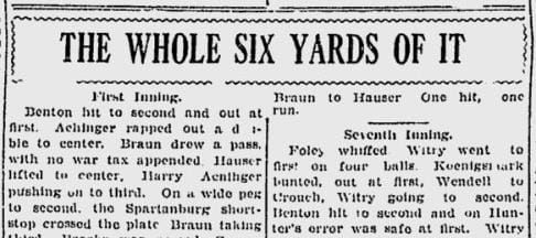Newspaper headline reading “The Whole Six Yards of It”