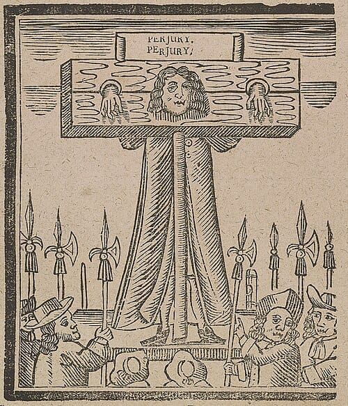 Engraving of a man in 17th-century dress in a pillory with the words, “Perjury, Perjury” displayed over his head