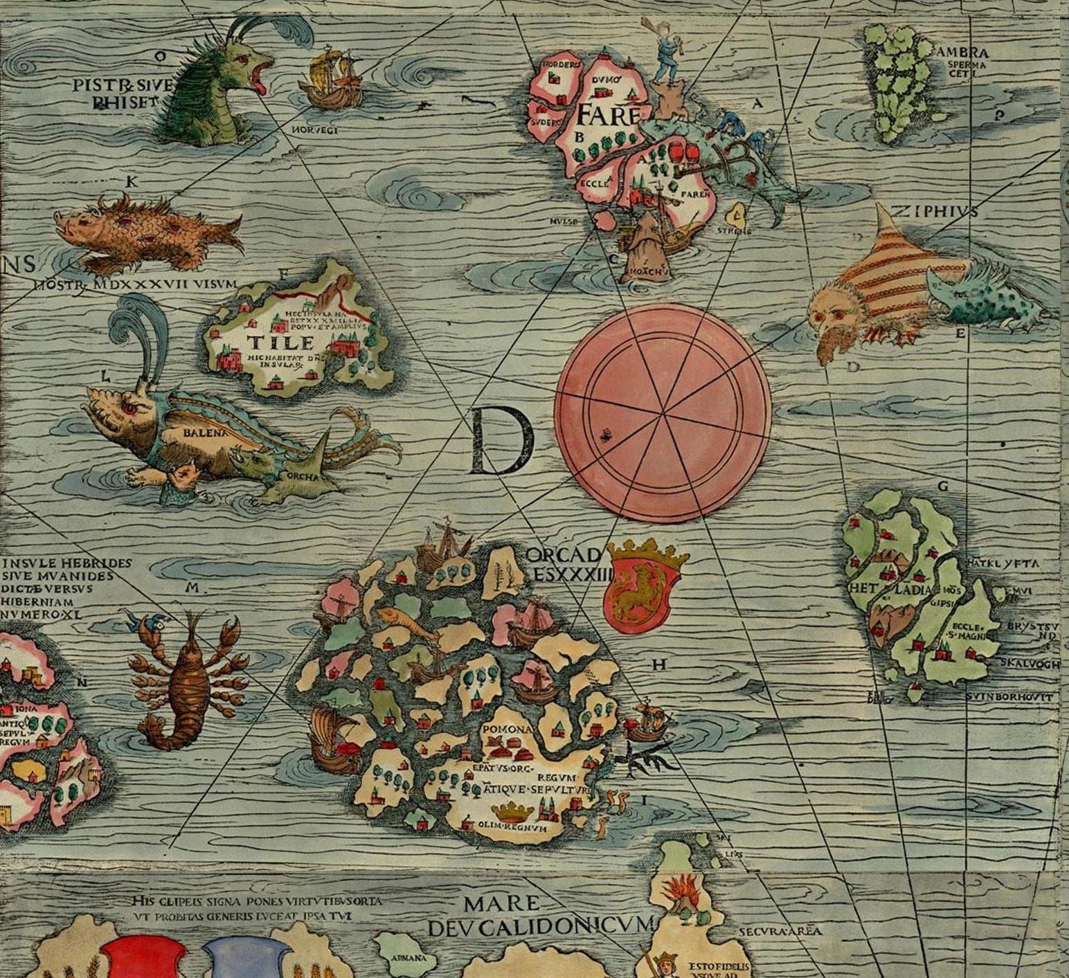 Colored 16th-century map depicting various islands, real and fictional, in the North Atlantic