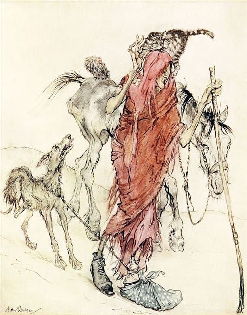 Drawing of an emaciated woman with a cat on her shoulder and a staff, dressed in rags, leading an emaciated dog and horse