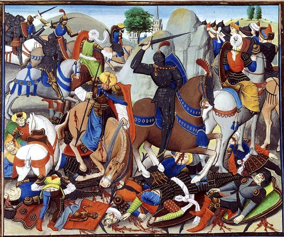 Medieval battle scene between Christians and Muslims featuring a knight in black armor on horseback at the center