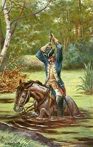 A man in 17th-century dress on horseback pulling himself and his horse out of a swamp by his own hair