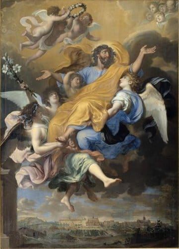 Painting of a bearded, haloed man in classical dress being carried aloft into heaven by angels