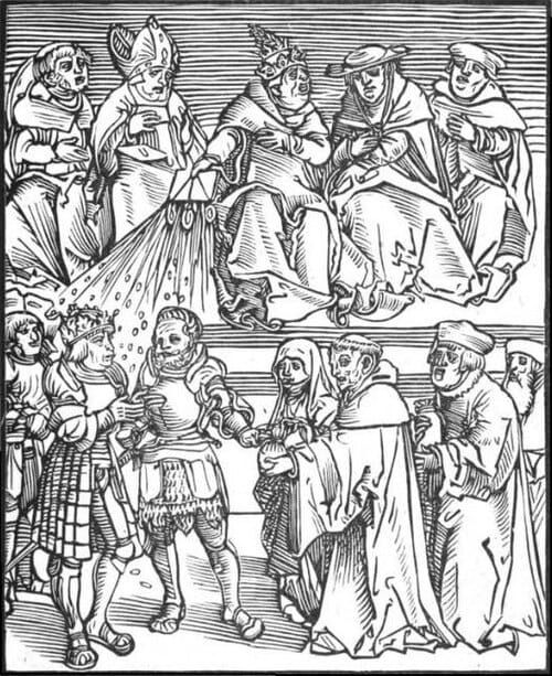 Woodcut of medieval ruler giving a church official a bag of coin while the pope, above, dispenses rays of power