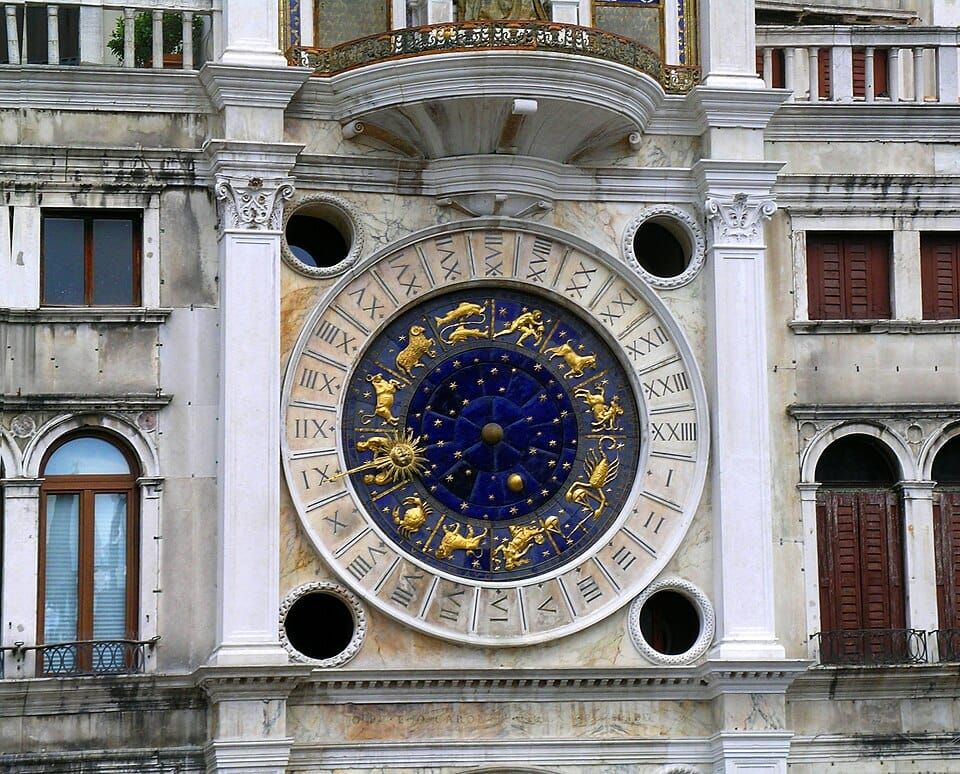 Photo of a clockface bearing astrological symbols