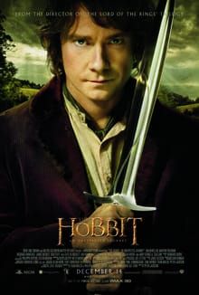 Movie poster depicting actor Martin Freeman, playing the hobbit Bilbo Baggins, holding a sword