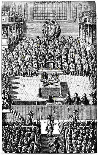 Engraving the House of Commons chamber filled with men and a hatted man sitting, back to the viewer, in a dock at the center