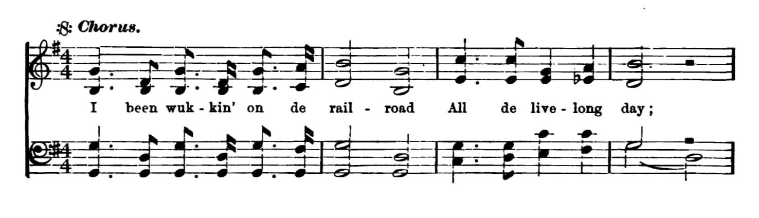 Line from sheet music that reads, “I been wukkin’ on de rail-road All de live-long day” with accompanying musical notation