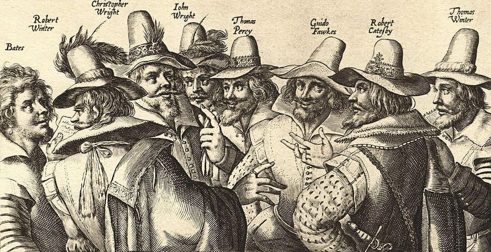 Engraving of 8 bearded men, all but one wearing hats, gathered in a circle, talking