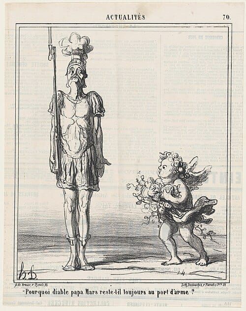 Lithograph on newsprint of the god Mars standing at attention with a rifle and Cupid carrying flowers