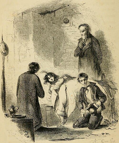 Victorian engraving of a girl lying in bed, with mother, father, and brother at the bedside looking concerned