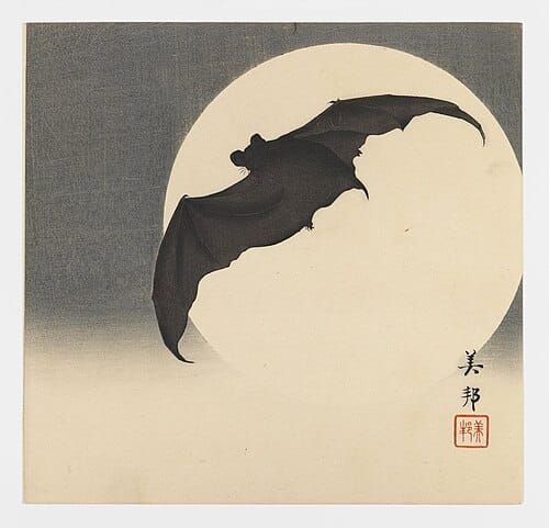 Japanese woodblock print of a bat flying in front of the moon