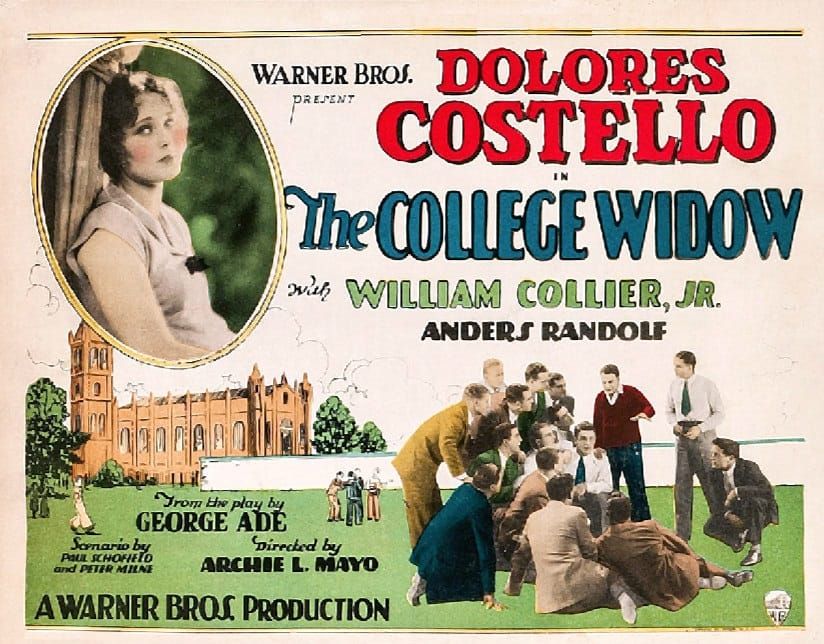 Advertisement for a film with photographs of a young woman and of a group of young men against a collegiate background
