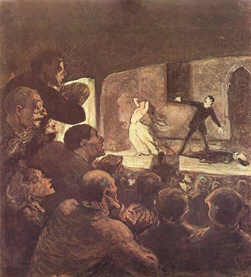 Painting of an enraptured audience watching a play where a body lies on the stage, a woman weeps, and a man points accusingly
