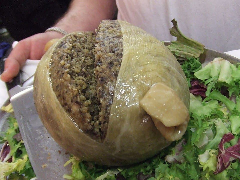 Photo of a haggis on a dish surrounded by greens