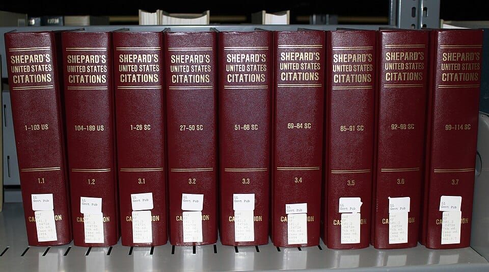 Photo of volumes of Shepard's United States Citations in a library in San Jose, California