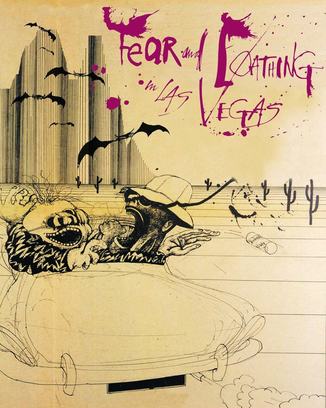 Pen-and-ink grotesque of two men, mouths agape, driving through a desert toward an abstract city, bats flitting about them