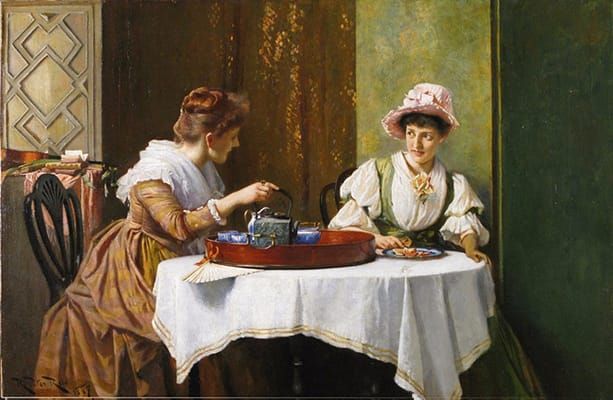 Painting of two women in 19th-century dress drinking tea and talking