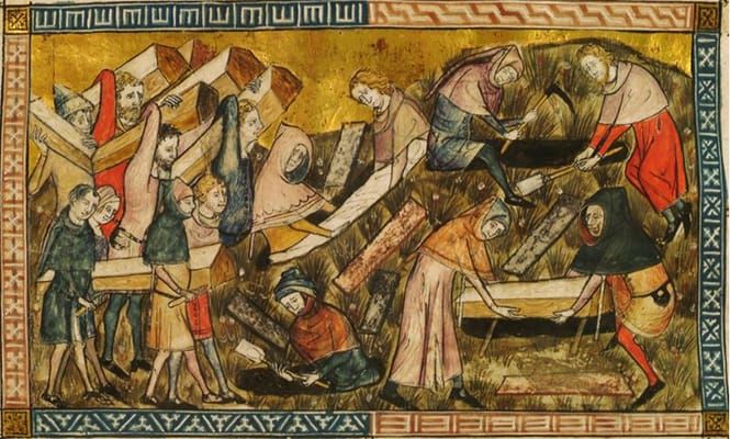Illustration of people in medieval dress carrying coffins and digging graves