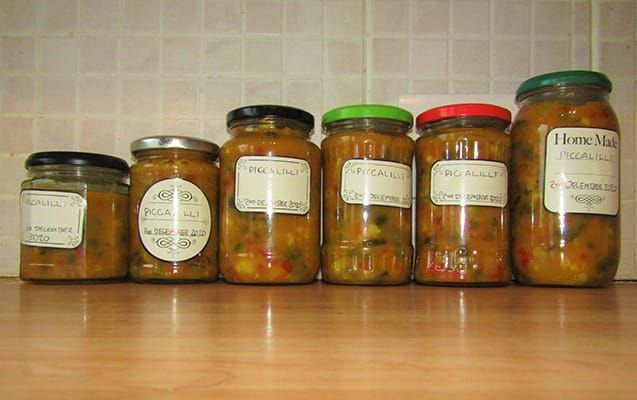 Photo of six jars of homemade mustard piccalilli