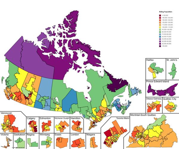 A map of Canada, subdivided into ridings that are color coded to correspond to population