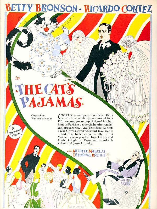 Ad featuring drawings of various well-dressed people and a cat wearing pajamas