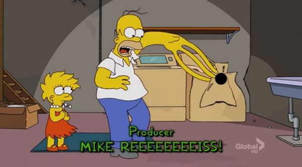 Cartoon character Homer Simpson being stretched and sucked into a small black hole, while Lisa Simpson watches