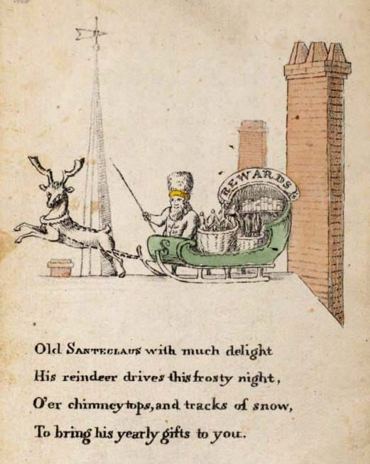 Colored drawing of a reindeer pulling Santa’s sleigh on a rooftop labeled with a banner reading “Rewards” 