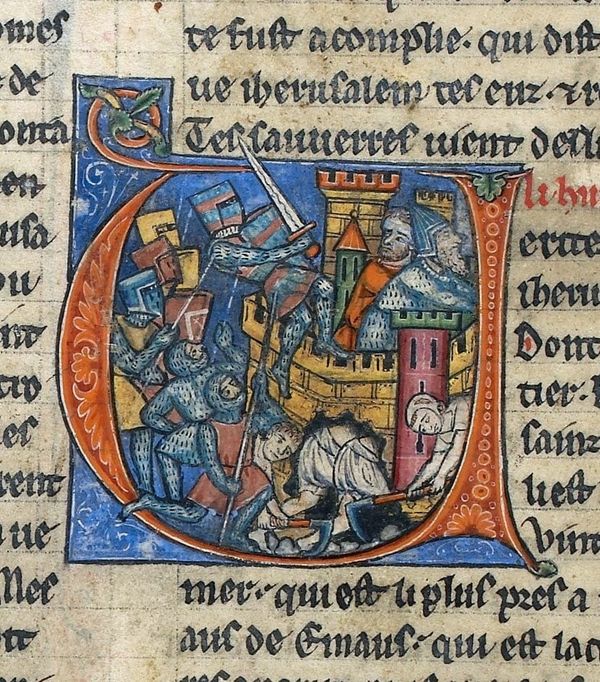 Manuscript illumination showing miners digging under a city wall while armored knights fight the city’s defenders