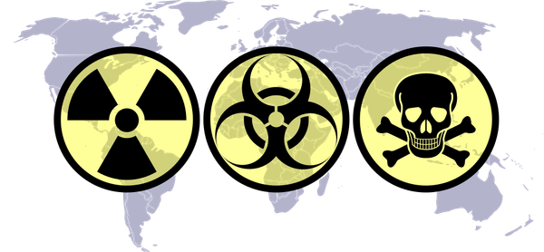 The symbols for radiological and biological hazards and a skull and crossbones superimposed over a world map
