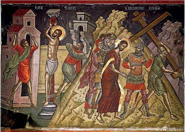 Painting of Christ’s passion; on the left Christ being scourged by 2 men; on the right being led to Golgotha by soldiers