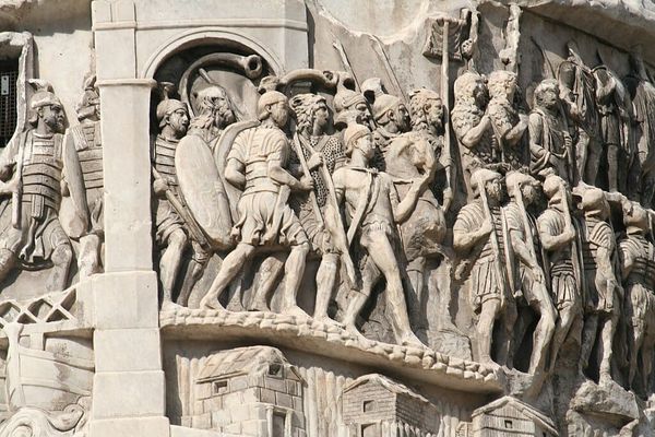 Detail of a carved relief on the Column of Marcus Aurelius in Rome depicting Roman soldiers marching, second century CE