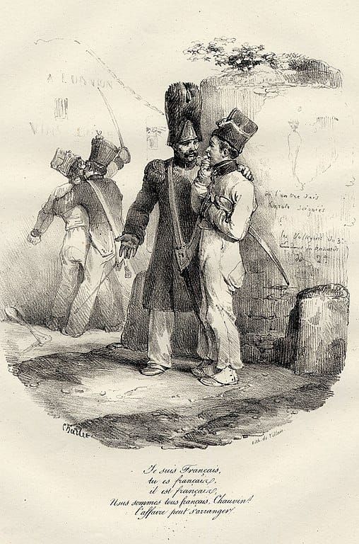 Image of a veteran speaking to a conscript; in the background another veteran is restraining a soldier holding a sword