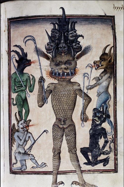 Medieval manuscript image of a large demon holding hooks in either hand, surrounded by four smaller demons holding the same