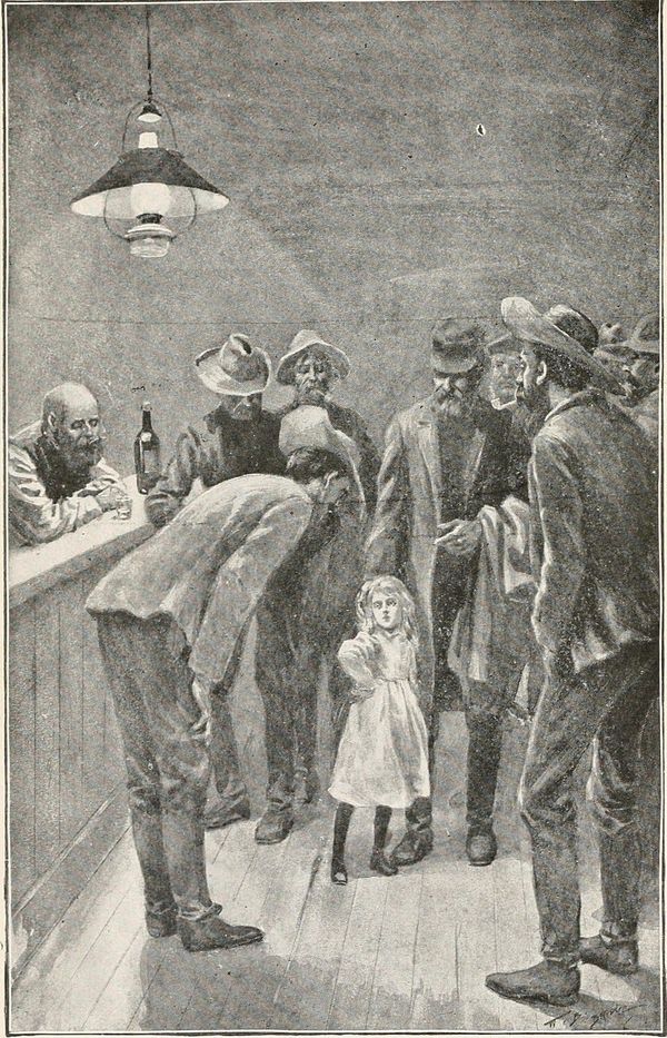 B&W drawing of a young girl standing amid a crowd of bearded men in a tavern