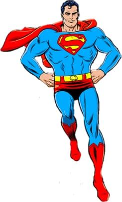 Drawing of a muscular man in a cape and blue tights with an “S” logo on the chest standing with arms akimbo