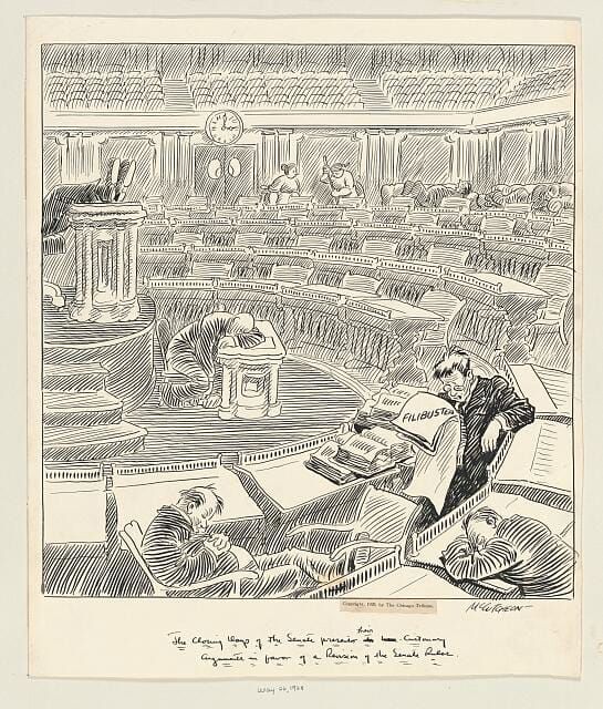 Cartoon: a senator reads a long list to a mostly empty chamber, other senators sleep; cleaners work in the background